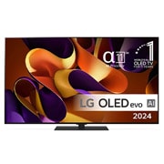 Set forfra med LG OLED evo TV, OLED G4, 11 Years of world number 1 OLED Emblem og alpha 11 4K AI processorlogo.