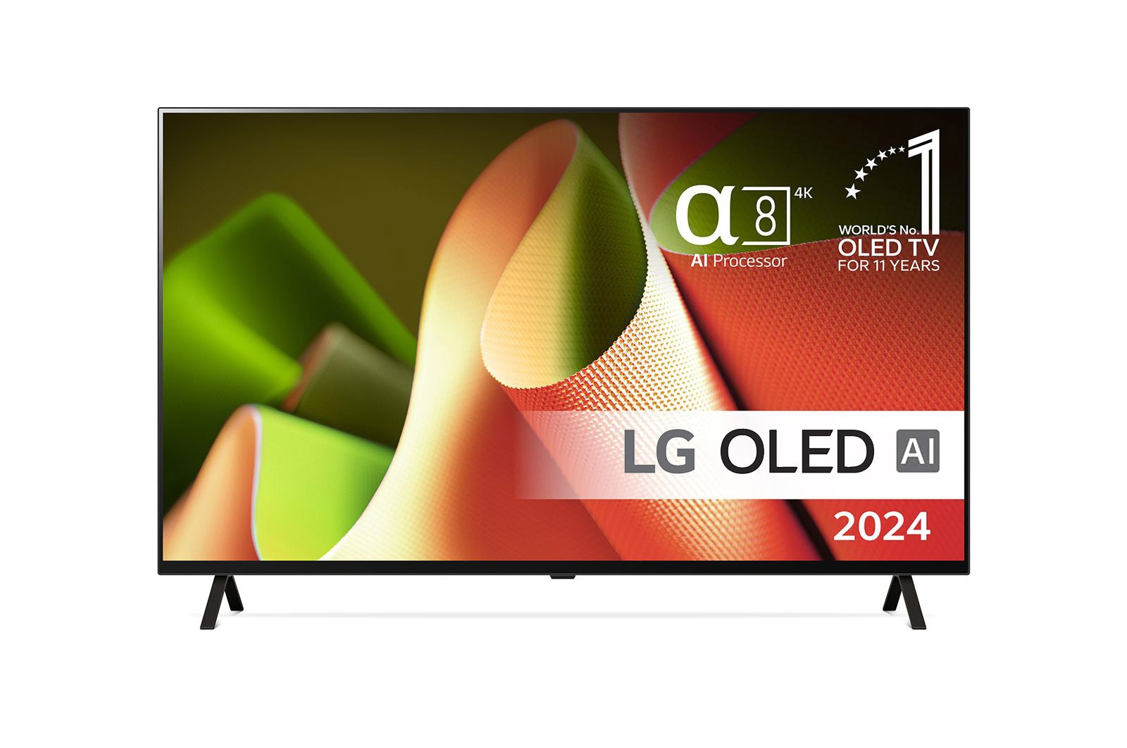 Set forfra med LG OLED TV, OLED B4, 11 Years of world number 1 OLED Emblem og alpha 8 4K AI processor logo.