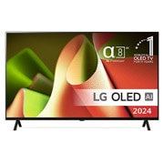 Set forfra med LG OLED TV, OLED B4, 11 Years of world number 1 OLED Emblem og alpha 8 4K AI processor logo.