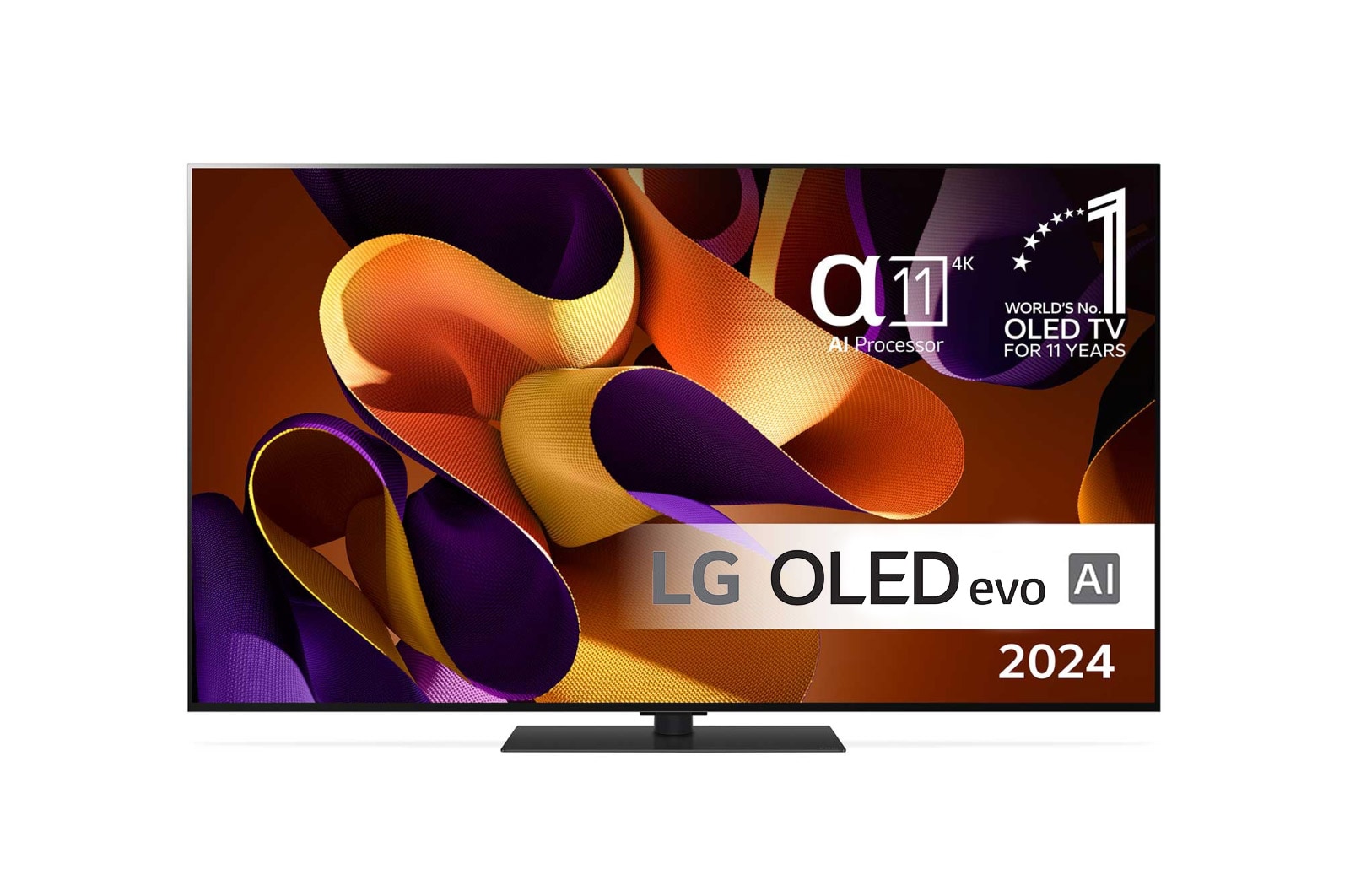 Set forfra med LG OLED evo TV, OLED G4, 11 Years of world number 1 OLED Emblem og alpha 11 4K AI processorlogo.