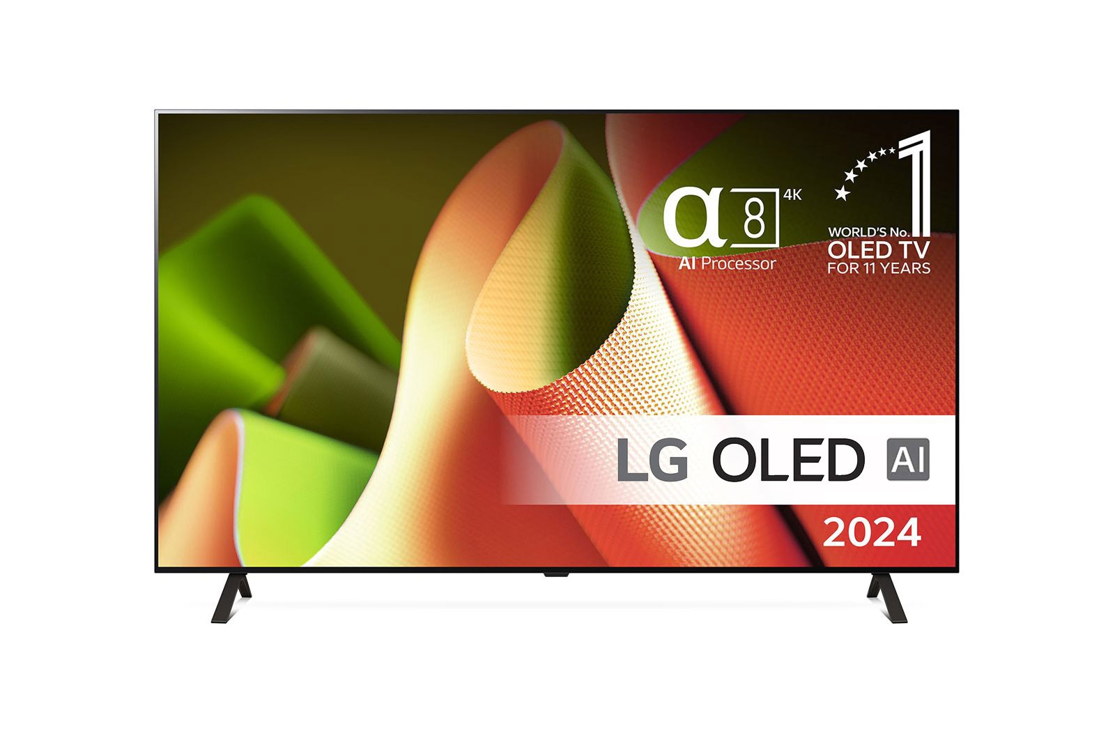 Set forfra med LG OLED TV, OLED B4, 11 Years of world number 1 OLED Emblem og alpha 8 4K AI processor logo.