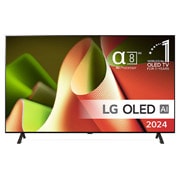 Set forfra med LG OLED TV, OLED B4, 11 Years of world number 1 OLED Emblem og alpha 8 4K AI processor logo.