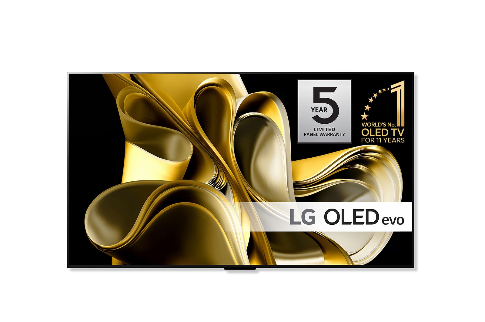Billede set forfra med LG OLED M3 og Zero Connect Box nedenunder, emblem med teksten "11 Years World No.1" OLED, LG OLED evo og logoet for 5 års panelgaranti på skærmen
