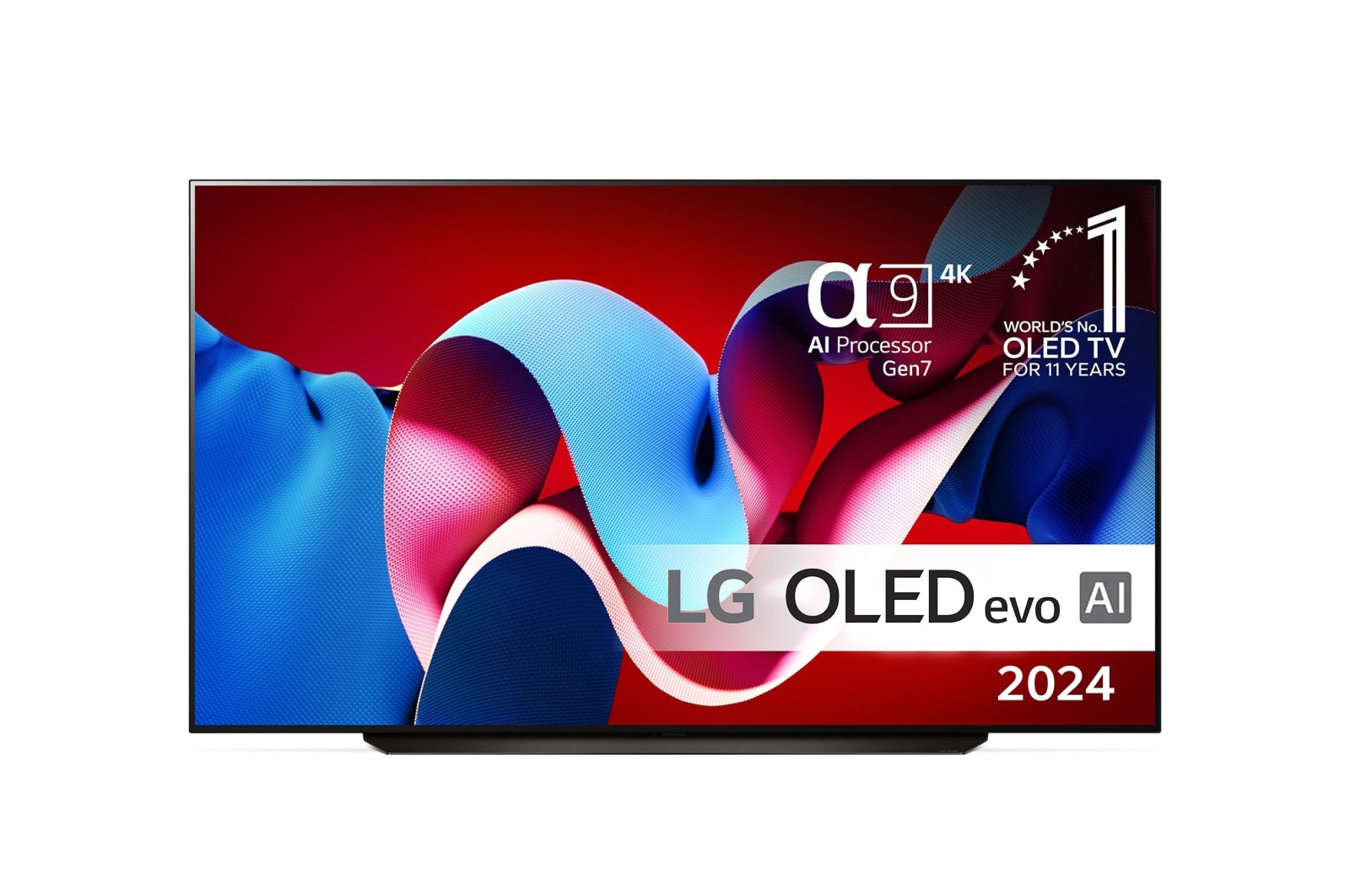 Set forfra med LG OLED evo TV, OLED C4, 11 Years of world number 1 OLED Emblem og alpha 9 4K AI processor Gen7 logo.