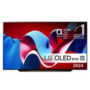 Set forfra med LG OLED evo TV, OLED C4, 11 Years of world number 1 OLED Emblem og alpha 9 4K AI processor Gen7 logo.