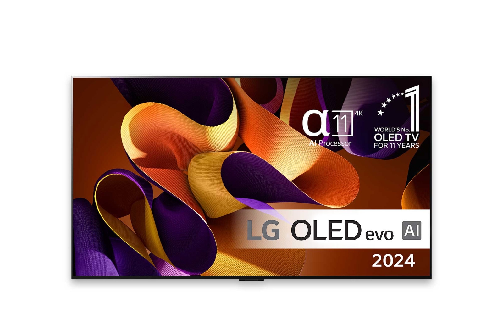 Set forfra med LG OLED evo TV, OLED G4, 11 Years of world number 1 OLED Emblem og alpha 11 4K AI processorlogo.