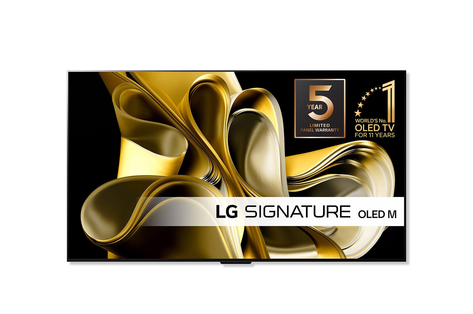 Billede set forfra med LG OLED M3 og Zero Connect Box nedenunder, emblem med teksten "11 Years World No.1" OLED, LG OLED evo og logoet for 5 års panelgaranti på skærmen