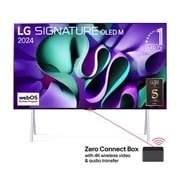 Visning forfra af LG OLED M4 på stativet og Zero Connect Box nedenunder, emblem med 11 år som nummer 1 i verden indenfor OLED, logo for webOS Re:New Program og logo for 5 års panelgaranti på skærmen