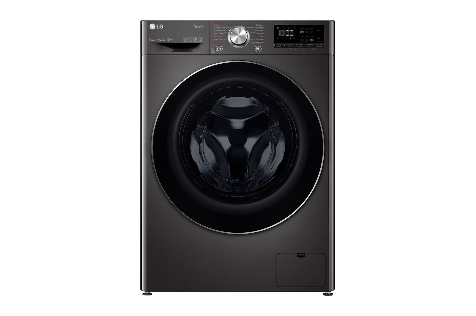 Visning forfra af 12 kg Vaskemaskin(Sort) - Steam&#43;, Energiklasse A, TurboWash360™, AI DD™, Smart Diagnosis™ med Wi-Fi FV90BNS2BE