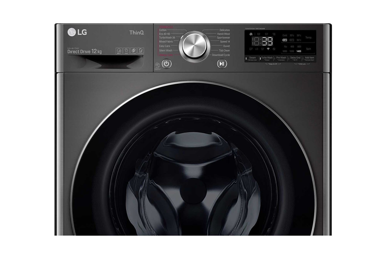 LG 12 kg Vaskemaskin(Sort) - Steam+, Energiklasse A, TurboWash360™, AI DD™, Smart Diagnosis™ med Wi-Fi, FV90BNS2BE