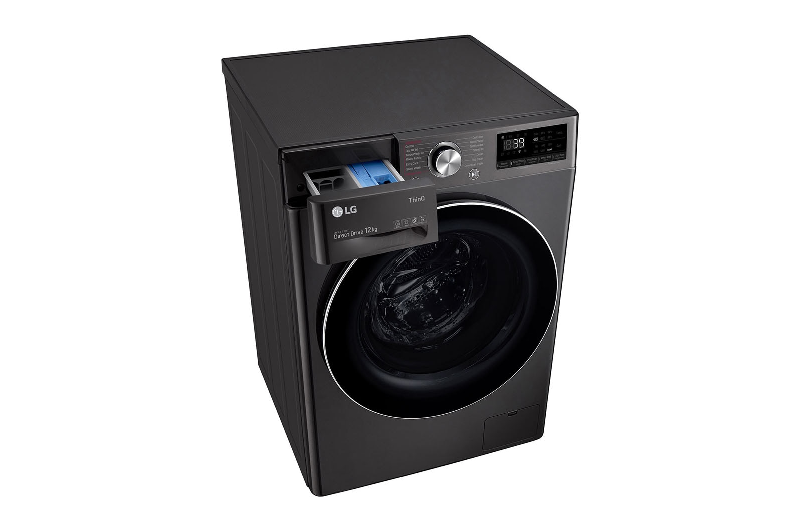 LG 12 kg Vaskemaskin(Sort) - Steam+, Energiklasse A, TurboWash360™, AI DD™, Smart Diagnosis™ med Wi-Fi, FV90BNS2BE