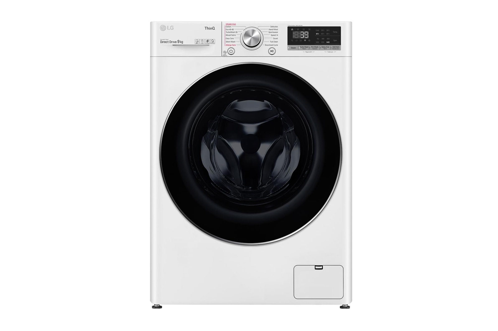 Visning forfra af 9 kg Vaskemaskin(Hvid) - Steam, Energiklasse A, TurboWash360™, AI DD™, Smart Diagnosis™ med Wi-Fi FV90VNS2QE
