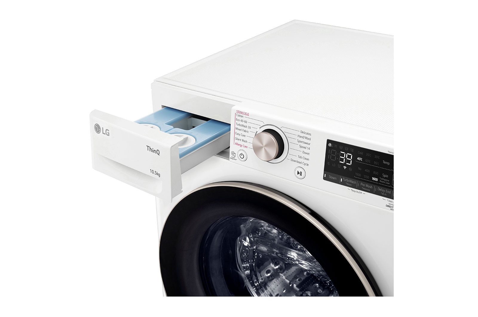 LG 10.5 kg Vaskemaskin(Hvid) - Auto Dose, Steam, Energiklasse A, TurboWash360™, AI DD™, Smart Diagnosis™ med Wi-Fi, FV96JNS2WA