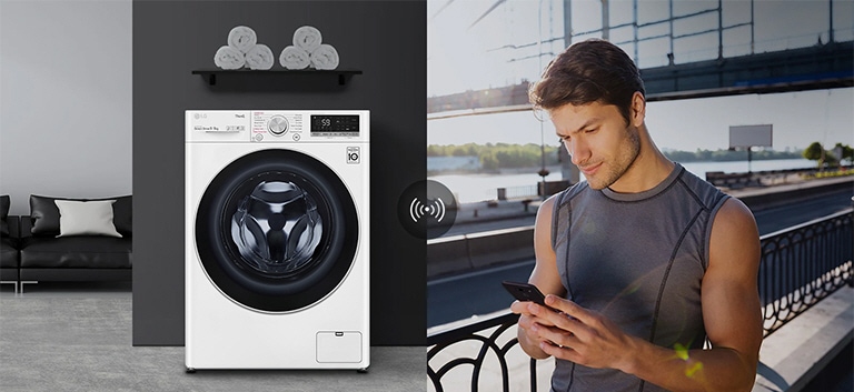 Med LG ThinQ™-appen kan du nemt oprette forbindelse til vaskemaskinen på en måde, du aldrig har kunnet før. Start vaskemaskinen med et enkelt tryk på en knap.