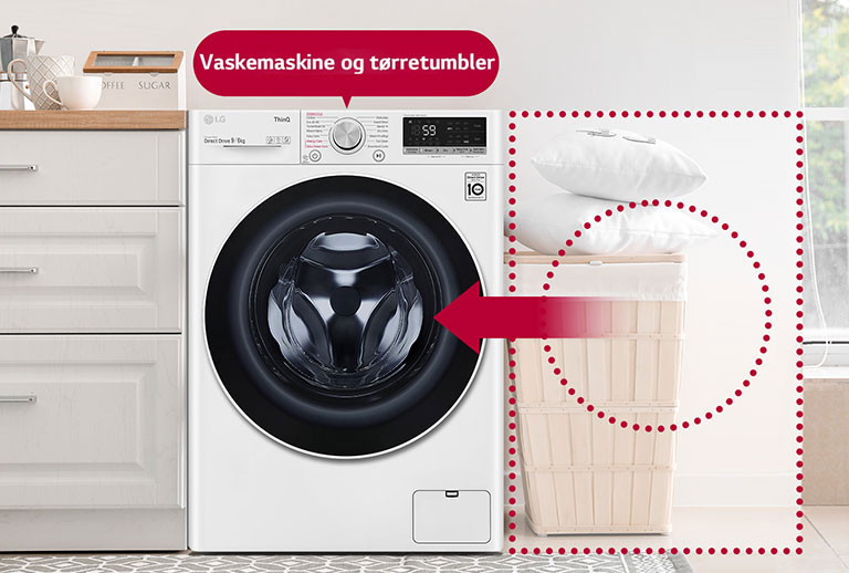 Dette er et billede af en kombineret vaske/tør maskine, der sparer plads i huset og vasketid.