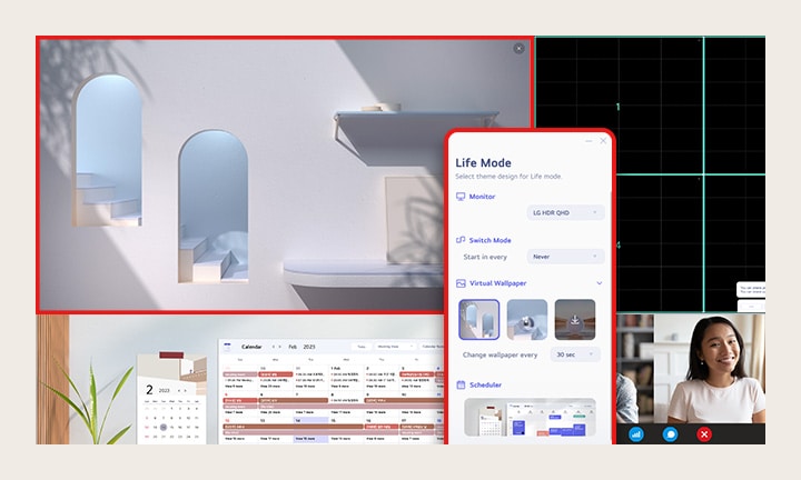 LG Switch-appen hjælper dig med at optimere skærmen til et effektivt arbejdsmiljø, f.eks. ved at opdele den i seks områder, administrere tidsplaner eller nemt starte videoopkaldsplatformen med tildelte genvejstaster.	