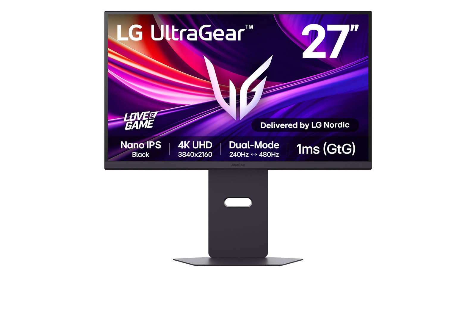 Visning forfra af LG UltraGear™ 27" 240 Hz UHD 4K Nano IPS Black gamingskærm | 1ms (GtG), DP 2.1, DisplayHDR 600 27G850A-B