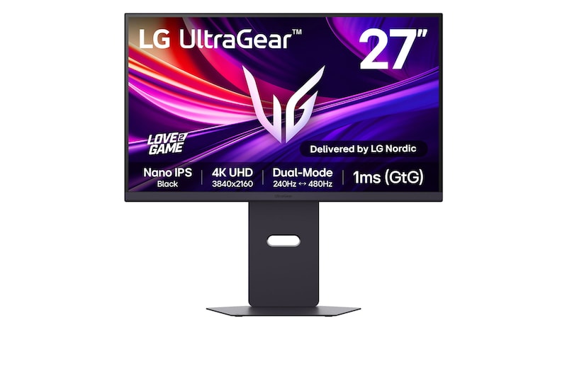 Visning forfra af LG UltraGear™ 27" 240 Hz UHD 4K Nano IPS Black gamingskærm | 1ms (GtG), DP 2.1, DisplayHDR 600 27G850A-B