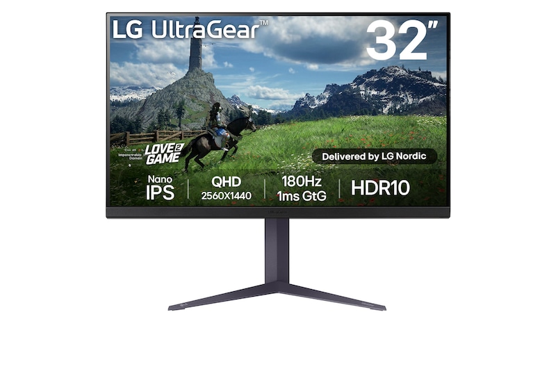 Visning forfra af 32" UltraGear™ QHD Nano IPS 180 Hz gaming-skærm | 1ms (GtG), HDR10 32GS85Q-B
