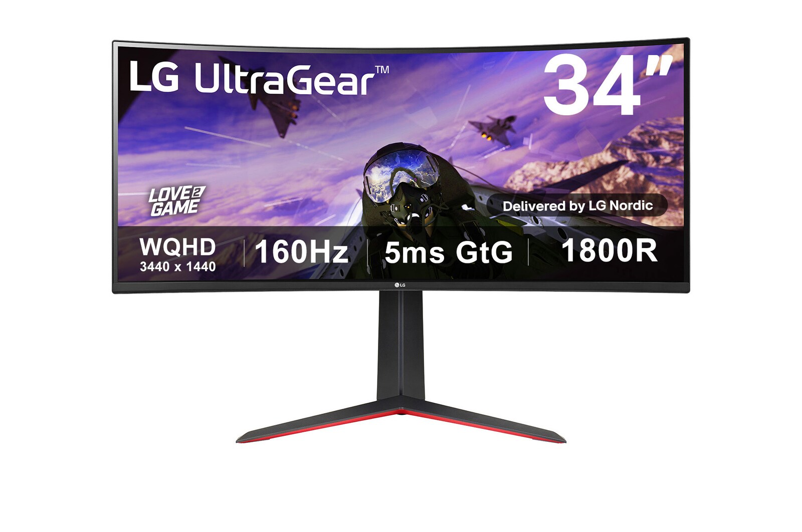 Visning forfra af 34" UltraGear™ 21:9 buet WQHD-gamingskærm 34GP63AP-B