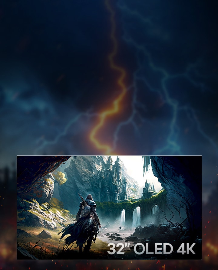 En 32" 4K OLED-gamingskærm med et fantasy-tema, hvor en kriger står foran et mystisk slotslandskab. Øverst ses teksten “4K-klarhed, der sørger for at du har kontrollen med OLED”, som reklamerer for fordelene ved visuel klarhed og detaljer. En medfølgende tekst fremhæver opløsningen på 3840x2160 og den fordybende billedkvalitet fra OLED-teknologi.