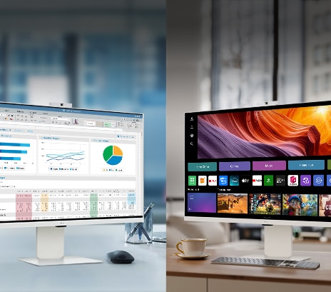Et billede, som viser LG Smart Monitors på et kontor og i et hjem.	