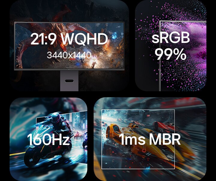 21:9 WQHD 3440x1440, sRGB 99%, 160Hz, 1ms MBR