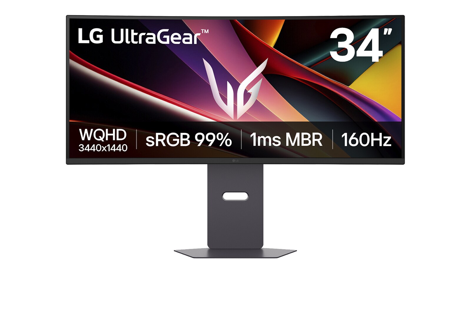 Visning forfra af LG 34" UltraGear™ 160Hz WQHD Curved Gaming Monitor | 160Hz, AMD FreeSync™ Premium 34G600A-B