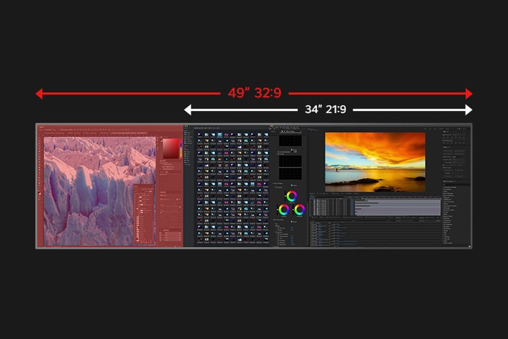 Billede med sammenligning af en 49" 32:9 ultrabred skærm og en 34" 21:9 skærm, hvilket illustrerer det udvidede vandrette arbejdsområde. Skærmen viser kreative programmer side om side.