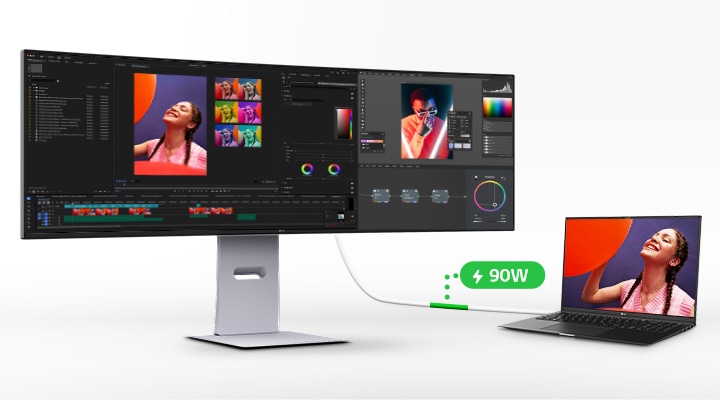 En skærm, som er forbundet til en bærbar computer gennem et enkelt USB Type-C-kabel med 90 W til skærme, dataoverførsel og opladning. Det visuelle fremhæver alt-i-et forbindelse med et ryddeligt skrivebord.