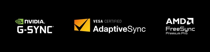 Logoer for NVIDIA G-SYNC, VESA AdaptiveSync og AMD FreeSync Premium Pro.