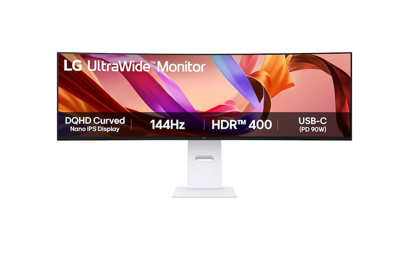 Visning forfra af LG 49" UltraWide Dual QHD (5120x1440) kurvet Nano IPS-skærm med 144 Hz 49U950A-W