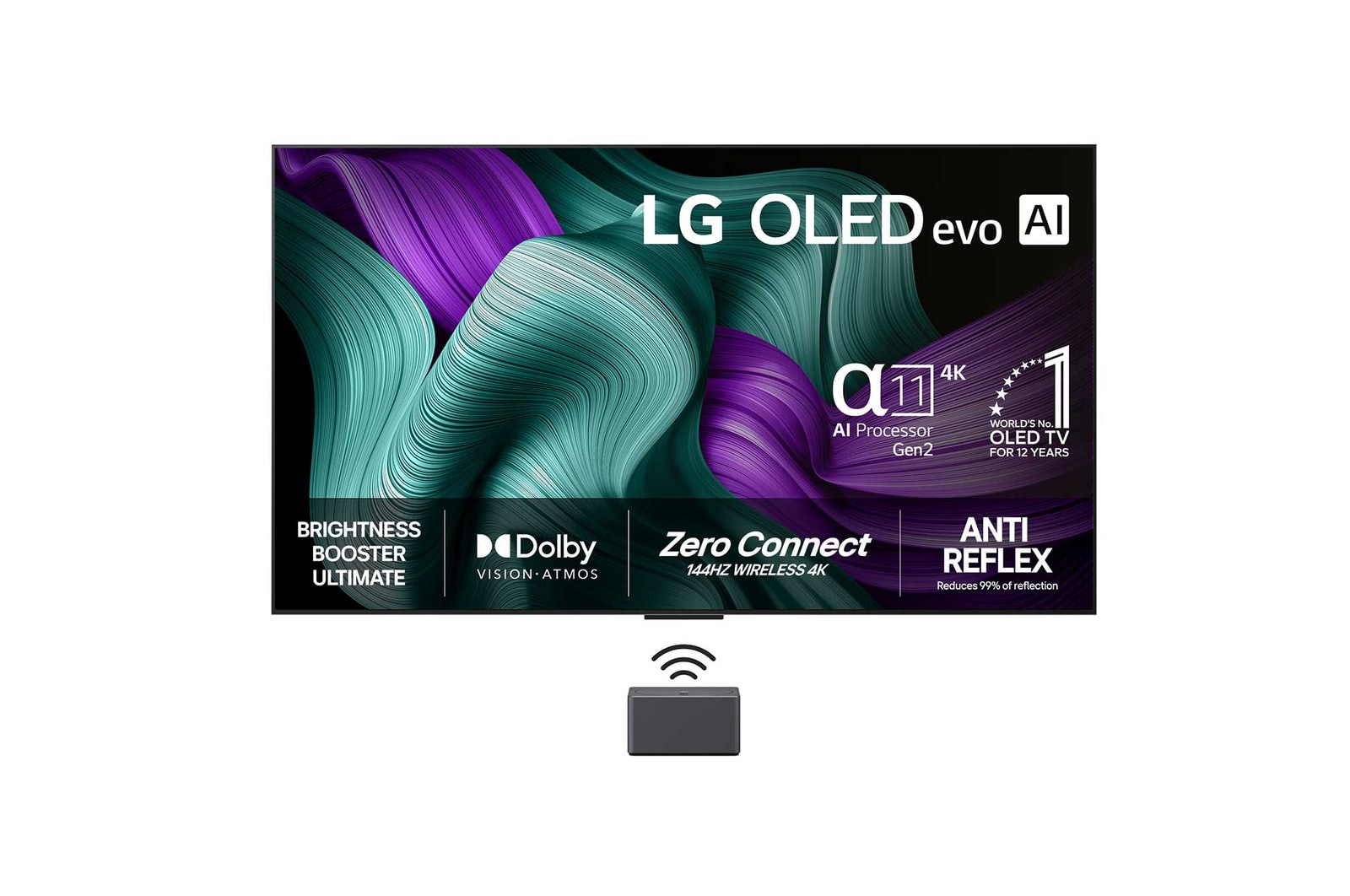 Visning forfra af LG OLED M5 TV. På skærmen er der et emblem for 12 år som nummer 1 OLED i verden og logo for LG OLED evo AI 2025. En Zero Connect Box i hjørnet med titlen “Zero Connect Box med trådløs video- og lydoverførsel i 4K 144 Hz”