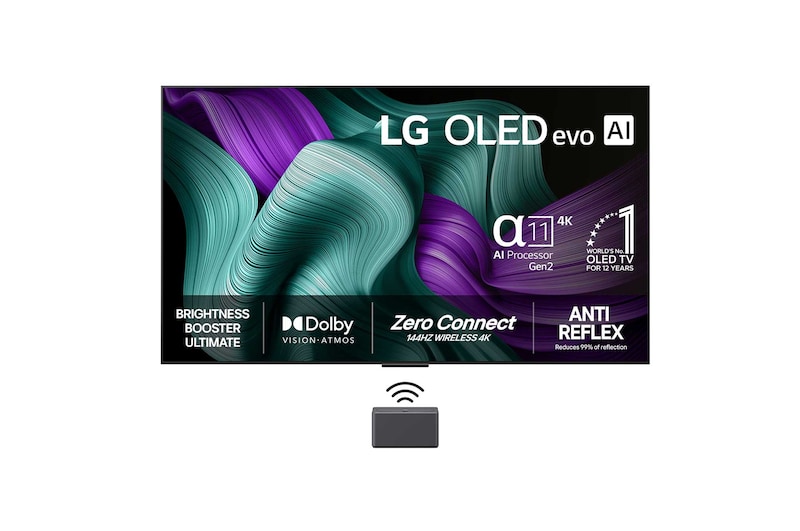 Visning forfra af LG OLED M5 TV. På skærmen er der et emblem for 12 år som nummer 1 OLED i verden og logo for LG OLED evo AI 2025. En Zero Connect Box i hjørnet med titlen “Zero Connect Box med trådløs video- og lydoverførsel i 4K 144 Hz”