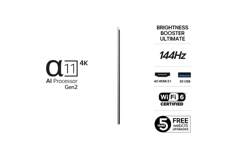 Visning forfra og fra siden af LG OLED M5 TV, hvor dets mål for længde, bredde, højde og dybde ses.