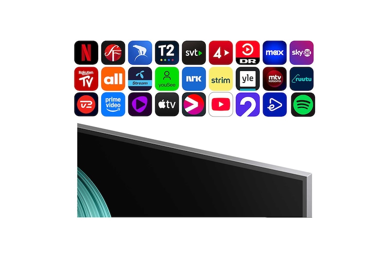 LG OLED M5 TV, der viser udsigten fra en hule til himlen. Tekst fortæller, at detaljerne er imponerende og viser visuelt tabsfri 4K-kvalitet. 