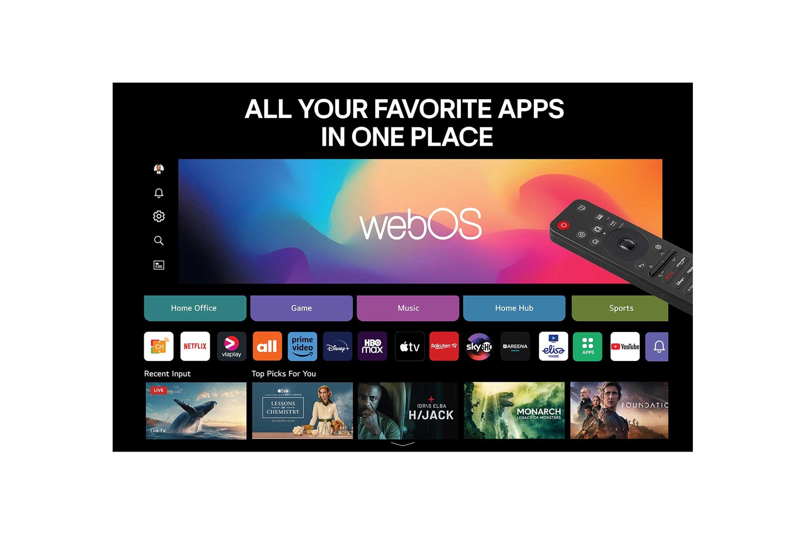 LG OLED M5 TV, som viser et spil der spilles, hvilket illustrerer det glatte og gnidningsfri gameplay. En Zero Connect Box ses, som passer godt ind i rummet. Gaming-certificeringer er synlige. Tekst fortæller om 120 Hz trådløs gaming med superhurtig respons og lav forsinkelse.