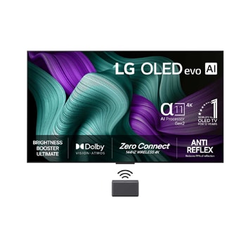 Visning forfra af LG OLED M5 TV. På skærmen er der et emblem for 12 år som nummer 1 OLED i verden og logo for LG OLED evo AI 2025. En Zero Connect Box i hjørnet med titlen “Zero Connect Box med trådløs video- og lydoverførsel i 4K 144 Hz”
