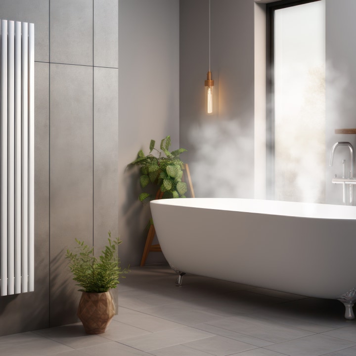 Inomhusenheten R290 är installerad på vänster sida av badrummet och till höger stiger ånga från det vita badkaret.	