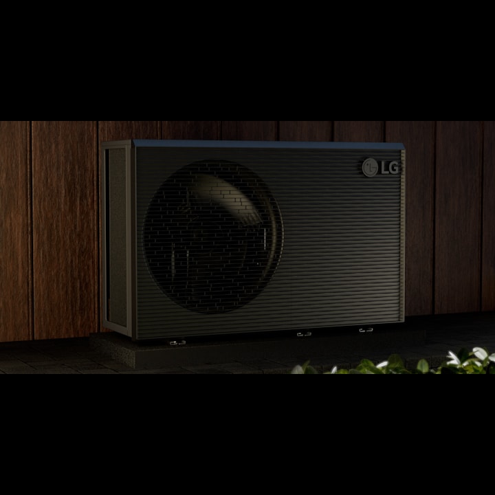 LG R290 Monobloc med en halo som lyser bakom produkten. Den grå utsidan visas mot en svart bakgrund.