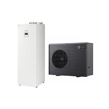 Visning forfra af 7 kW R290 Monobloc luft-vand-varmepumpe med kombinationsenhed, 3Ø HM073HF UB40 + HN1639HY NK0