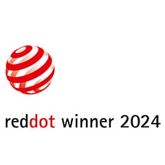 Logo for Red Dot-vinder 2024, som symboliserer fortræffeligt design.
