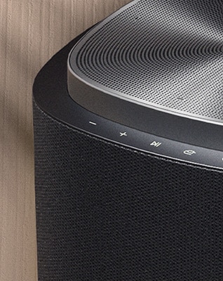 Nærbillede af LG Sound Suite-højttaler med førsteklasses design i metallisk sølv og sort.