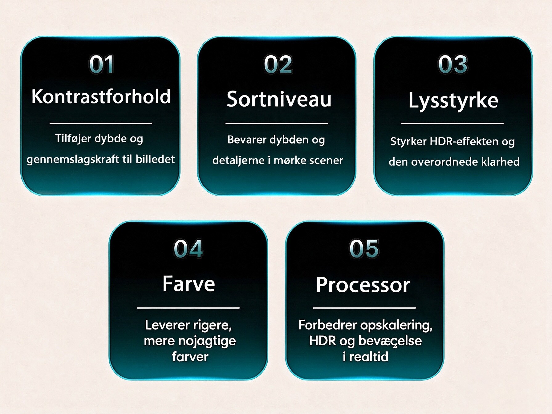 LG TV oplister fem billedkvalitetsfaktorer herunder kontrastforhold, sortniveau, lysstyrke, farve og processor, med korte beskrivelser, der forklarer hver kategori til evaluering af billedkvalitet.