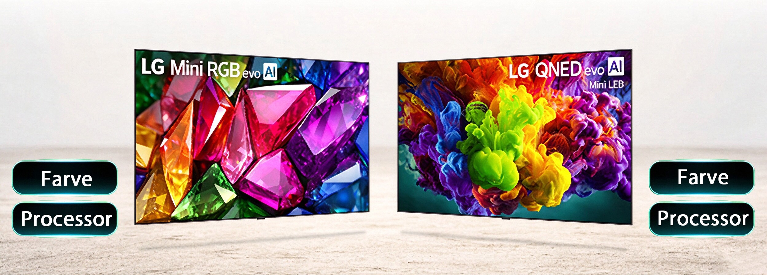 LG Mini RGB evo viser raffineret farvegengivelse gennem levende, krystallignende billeder ved siden af en liste over vigtige styrker, herunder farve og processor, der giver detaljeret og præcis billedkvalitet. LG QNED evo Mini LED viser sin billedkvalitet og udvidede farvevolumen gennem levende billeder med et malingsagtigt udtryk ved siden af vigtige styrker som farve og processor, der giver en fordybende oplevelse på store skærme.