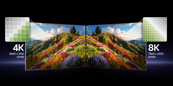 LG TV med 4K-opløsning viser høj skarphed, mens to skærme side om side sammenligner 4K- og 8K-billeder og fremhæver skarpe detaljer og raffinerede teksturer, samtidig med at 4K præsenteres som det smartere valg til hverdagsvisning.