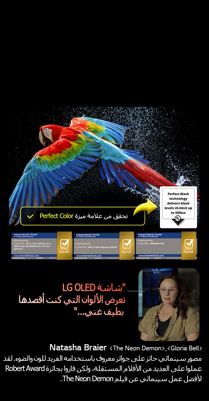 ببغاء ملون بدقة عالية للغاية على خلفية سوداء. يتم تعليق قطرات الماء في الهواء المحيط بها. تعرض الصورة اللون المثالي حيث أن كل درجة لون مختلفة على جسم الببغاء نابضة بالحياة. كما أن الخلفية الداكنة مع رذاذ المياه المفصل يسلطان الضوء على كيفية خلو الشاشة من الانعكاسات. تظهر شهادات شعار مختلفة من UL وIntertek. يشير هذا إلى دقة اللون بنسبة 100%، وحجم اللون بنسبة 100%، وأن الشاشة خالية من الانعكاسات. النص مرئي أيضًا، تحقق من علامة شهادة Perfect Color.