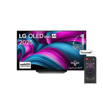 صورة أمامية لتلفزيون LG OLED AI CS5 4K Smart TV. يظهر شعار OLED رقم 1 على مستوى العالم لمدة 12 عامًا وشعار LG OLED AI 2025 على الشاشة.