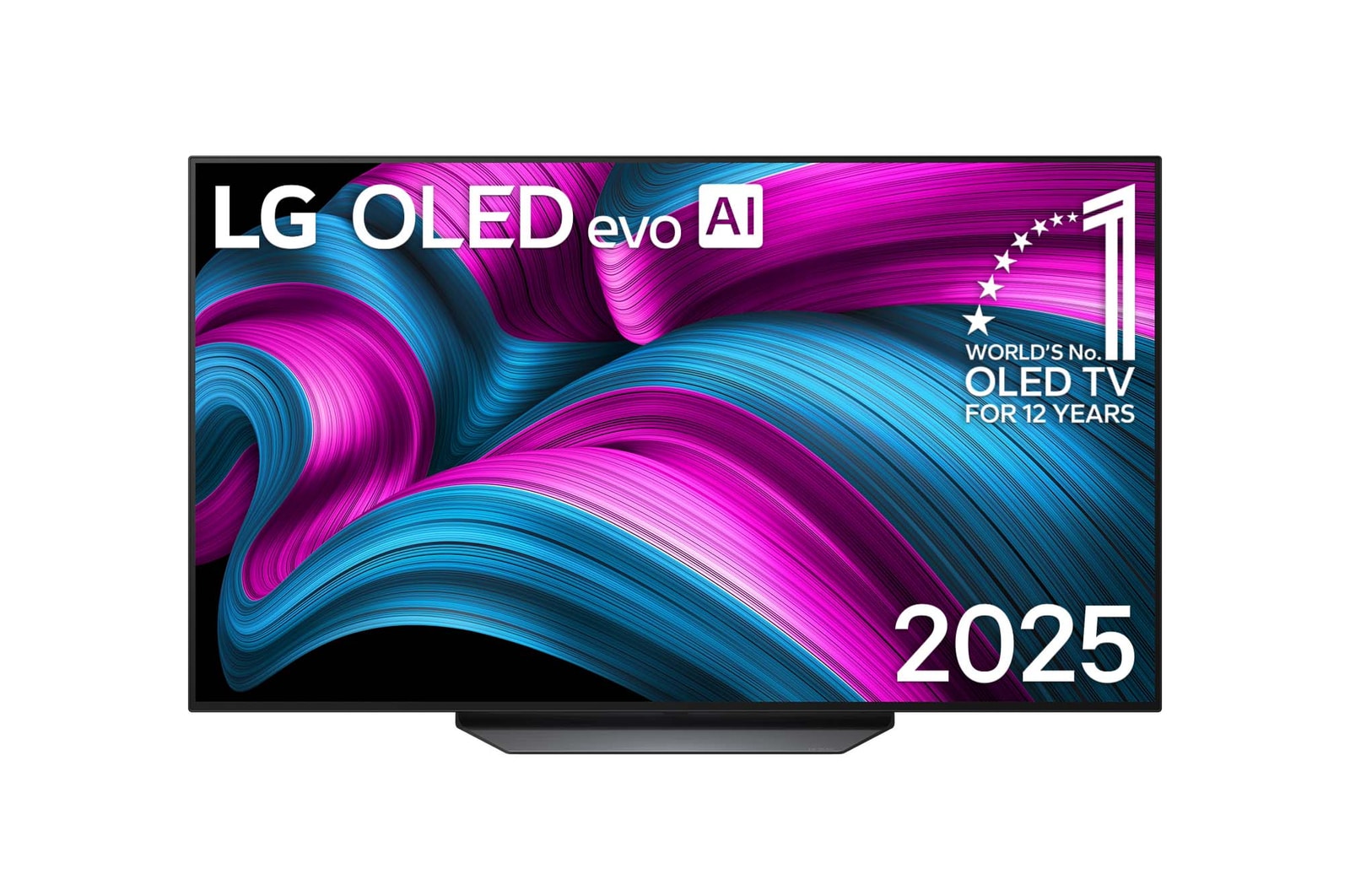 صورة أمامية لتلفزيون LG OLED AI CS5 4K Smart TV. يظهر شعار OLED رقم 1 على مستوى العالم لمدة 12 عامًا وشعار LG OLED AI 2025 على الشاشة.