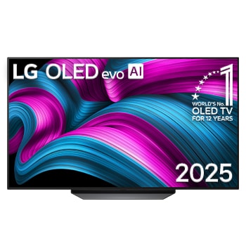 صورة أمامية لتلفزيون LG OLED AI CS5 4K Smart TV. يظهر شعار OLED رقم 1 على مستوى العالم لمدة 12 عامًا وشعار LG OLED AI 2025 على الشاشة.